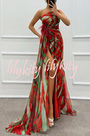 Amazing Views Watercolor Print Feather Rose Detail Off Shoulder Pleated Slit Maxi Dress