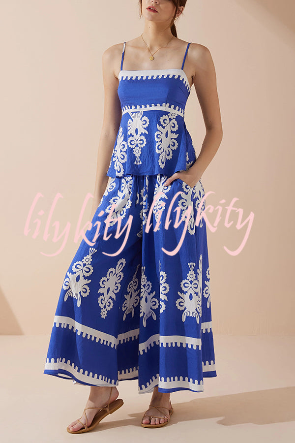 Unique Ethnic Print Suspender Pleated Top and Elastic Waist Loose Wide-leg Pants Set