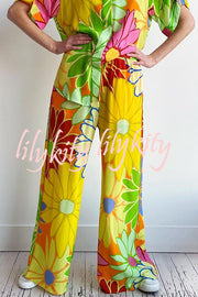 Colorful Flowersl Print Short-sleeved Loose Shirt and Elastic Waist Pocket Pants Set