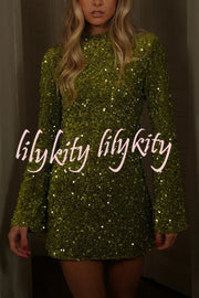 Dora Velvet Sequin High Neck Long Bell Sleeve H-line Mini Dress