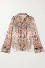 Feeling Dreamy Paisley Print Ruffle Jacquard Bell Sleeve Loose Blouse