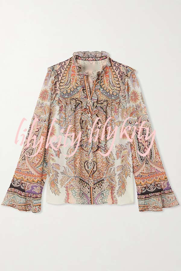 Feeling Dreamy Paisley Print Ruffle Jacquard Bell Sleeve Loose Blouse