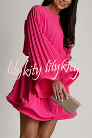 Fashion Bell Sleeve Loose Waist Tie Pleated Mini Dress