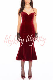 Althea Velvet Sweetheart Neck Bow Strap Fishtail Hem Stretch Midi Dress