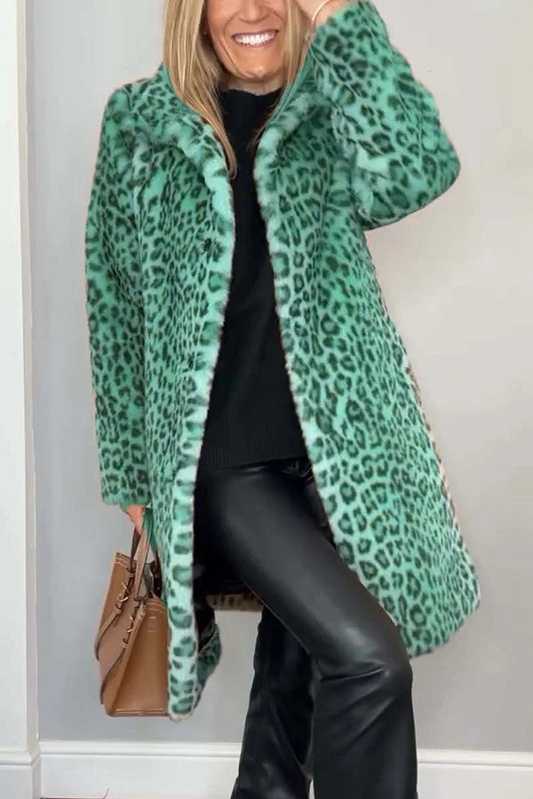 Leopard Print Lapel Long Sleeve Mid-length Plush Coat