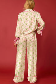 Christmas Printed Velvet Lace-up Long-sleeve Pocket Top and Elastic Waist Wide-leg Pants Set