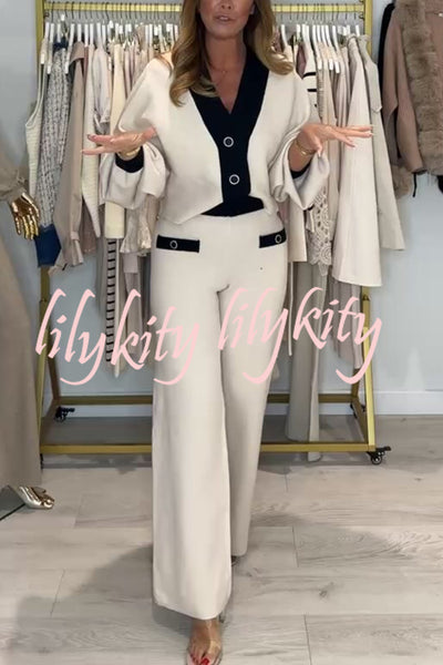 Fashion Contrast Color V-neck Loose Cardigan and Elastic Waist Casual Pants Set