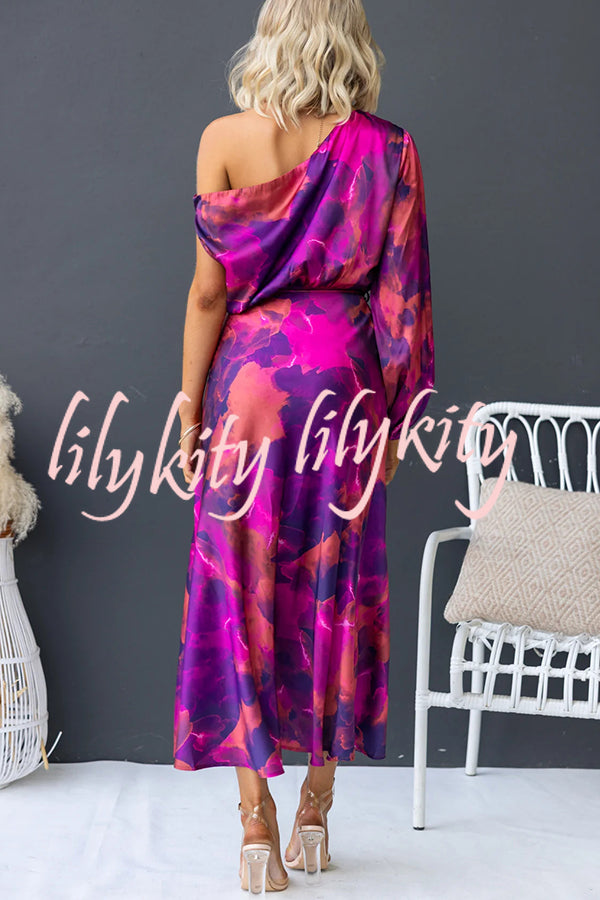 Winona Satin Floral Print One Shoulder Balloon Sleeve Tie-up Maxi Dress