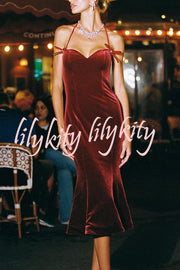 Althea Velvet Sweetheart Neck Bow Strap Fishtail Hem Stretch Midi Dress