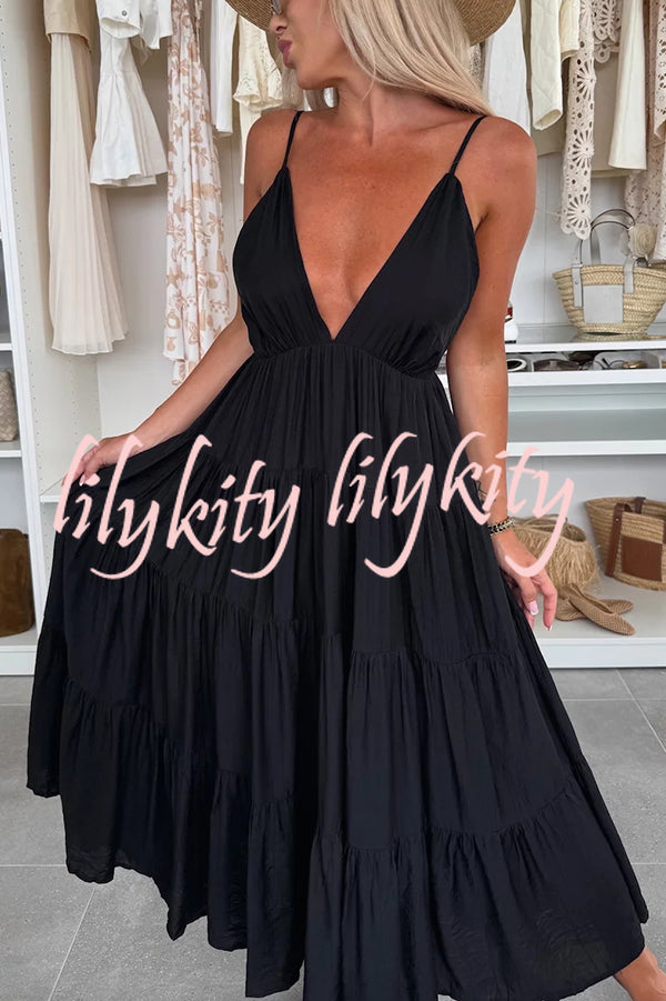 Bohemian Style V-neck Backless Slip Layered Vacation Maxi Dress