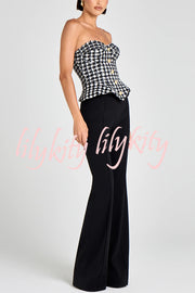 Maya Check Bouclé-tweed Fabric Sweetheart Neck Gold Button Strapless Tank