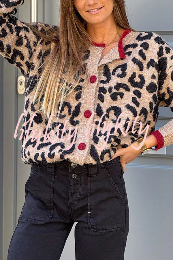 Leopard Print Crew Neck Long-sleeved Loose Knit Cardigan
