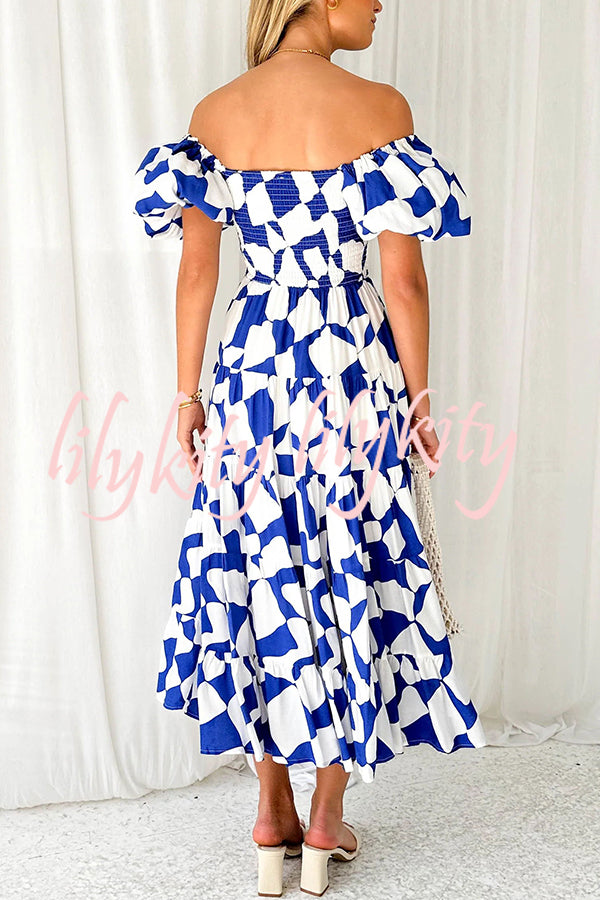 Petal Princess Unique Print Smocked Waist Puff Sleeve Midi Dress