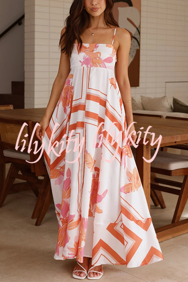 Botanical Print Halter Square Neck Pleated Loose Maxi Dress