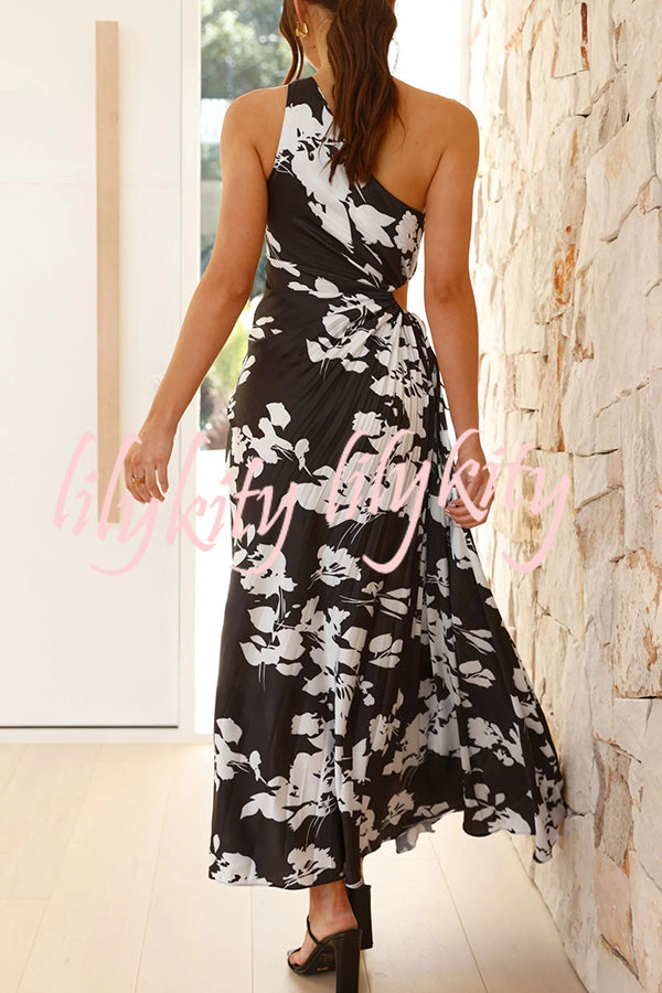 Laken Floral Print One Shoulder Adjustable Tie Cutout Pleated Maxi Dress