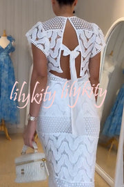 Elouise Wave Dot Embroidery Lace Back Tie-up Top and Elastic Waist Maxi Skirt Set