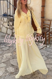 Solid Color Pleated Ruffled Tie Long Sleeve Loose Shirt
