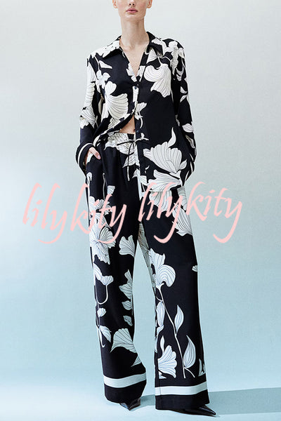 Unique Print Lapel Long Sleeve Loose Shirt and Elastic Waist Casual Pocket Wide Leg Pants Set