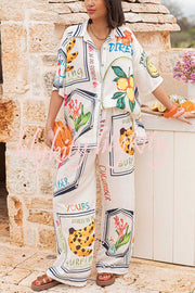 Summer Plant Fruit Print Casual Short Sleeve Shirt and Elastic Waist Loose Wide Leg Pants Set