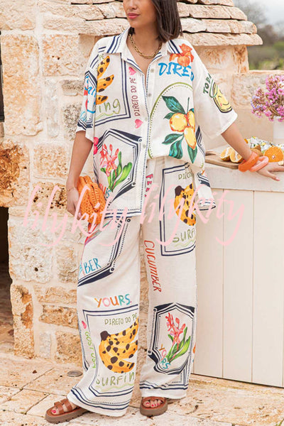 Summer Plant Fruit Print Casual Short Sleeve Shirt and Elastic Waist Loose Wide Leg Pants Set