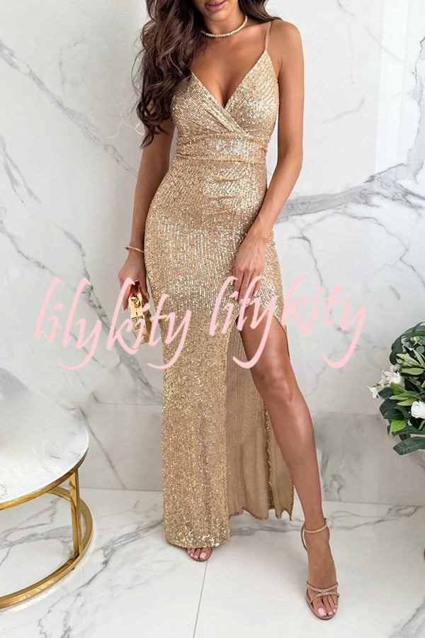 Look At The Bright Sequin V-neck Strap Slit Stretch Maxi Dress