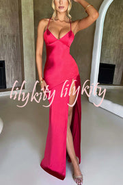 Satin Solid Color Sexy Backless Lace Up High Slit Maxi Dress