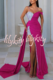 Adelynn Sequin Patchwork One Shoulder Ruched Slit Prom Maxi Dress