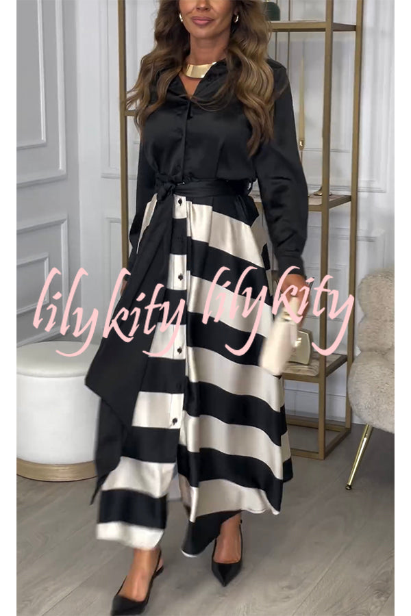 Lindsey Satin Colorblock Contrast Long Sleeve Belted Shirt Maxi Dress