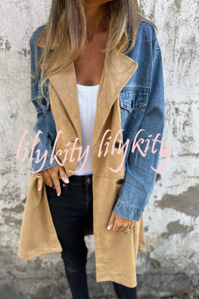 Fashion Lapel Long Sleeve Pocket Mid-length Denim Patchwork Jacket