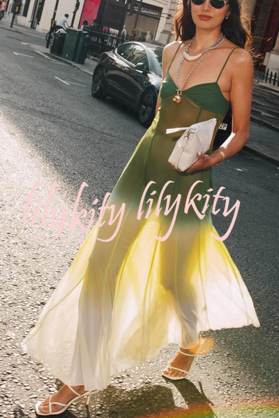 Spicy Margarita See-through Tulle Ombre Print Slip Maxi Dress