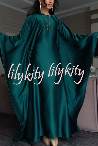 Dignified and Elegant Satin Batwing Sleeve with Waist Tie Design A-line Maxi Dress