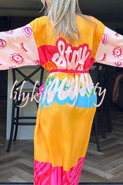 Elevate Beach Style Unique Print Long Sleeve Belted Pocket Cover-up Kimono