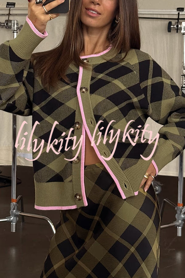 Holiday Plaid Knit Color-blocked Trim Button Long-sleeved Loose Cardigan