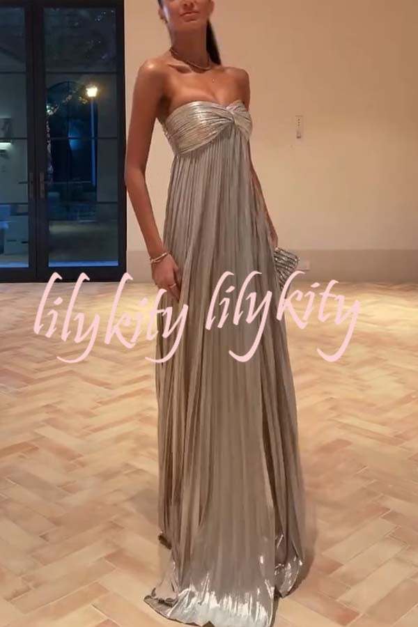 Night Elf Metallic Fabric Pleated Off Shoulder Twist Bust Slit Maxi Dress