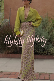 Moonlit Waltz Knit Jacquard Zigzag Print High Rise Stretch Flare Maxi Skirt