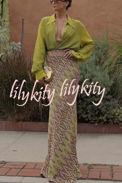 Moonlit Waltz Knit Jacquard Zigzag Print High Rise Stretch Flare Maxi Skirt