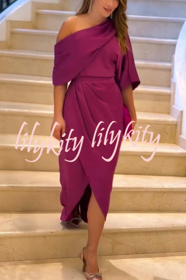 Whispered Yes Satin Irregular Lapel Neckline Design Ruched Maxi Dress