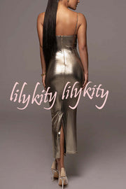 Visions of You Metallic Fabric Cowl Neck Removable Straps Stretch Midi Dress