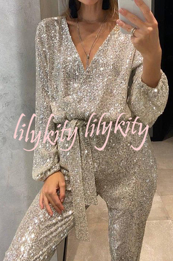 Cheers To You Sequin Long Sleeve Belted Wrap Loose Jumpsuit