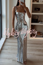 Eye Catching Sequin Cutout Waist Wide Strap Bacakless Maxi Dress