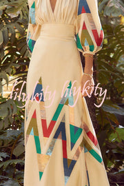 Highest Elegance Colorful Triangle Print Padded Shoulder Blouse and High Rise Maxi Skirt Set