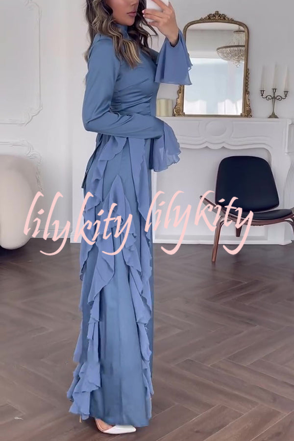 Cline Solid Color High Neck Long Sleeve Elegant Ruffles Maxi Dress