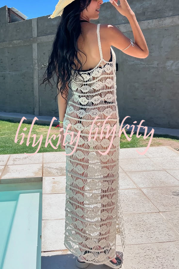 Sexy Sleeveless Sling Hollow Knit Cover-up Maxi Dress