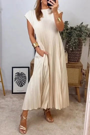 Solid Color Round Neck Sleeveless Pleated Large Hem Maxi Dress