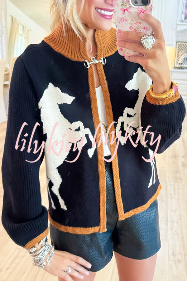Stylish White Horse Pattern Casual Long-sleeved Knitted Cardigan