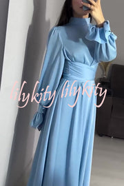 Solid Color Ruffled Sleeves Waisted Tie Slim Fit Maxi Dress