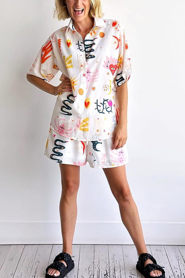 Sunday Mornings Unique Print Short Sleeve Top and Elastic Waist Loose Shorts Set