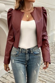 Yelissa Faux Leather Statement Long Sleeve Open Front Crop Jacket