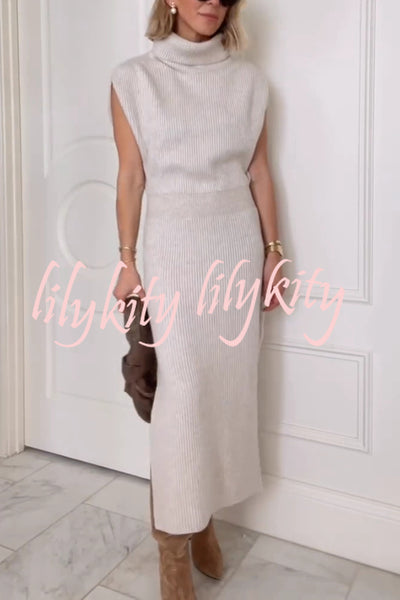Solid Color Sleeveless Knitted Elegant Waist Midi Dress