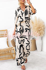 Irregular Printed Button Pocket Long Sleeved Shirt and Elastic Waist Pants Set